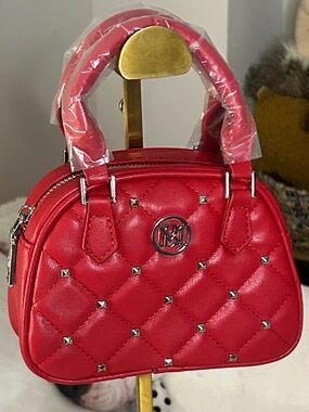 Badgley Mischka Red Quilted Vegan Studded Dome Satchel/Crossbody 5”x 7” NWT